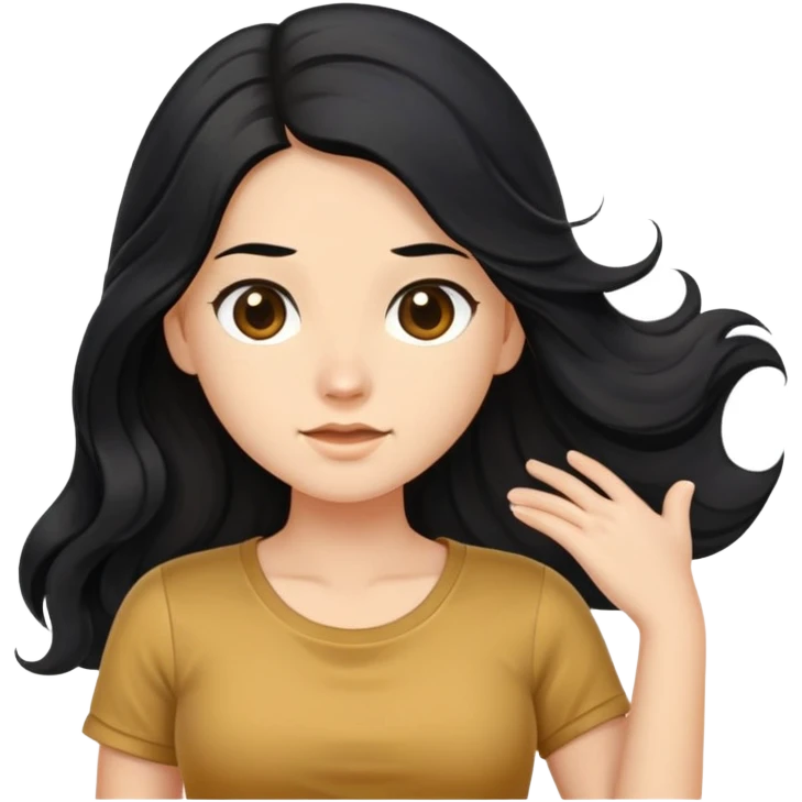Fair skin girl - long black hair, big waves - wearing a golden brown belly-baring short-sleeved shirt emoji