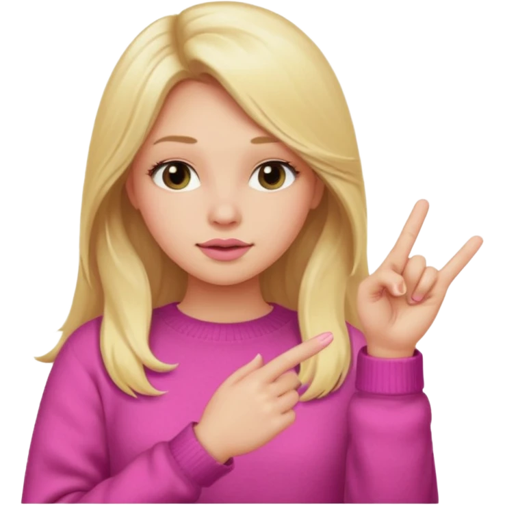 blonde girl with long hair and plump lips shows fingers rock dressed in a pink sweater emoji