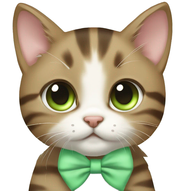 kawaii brown tabby kitten with green eyes and pastel green bow emoji