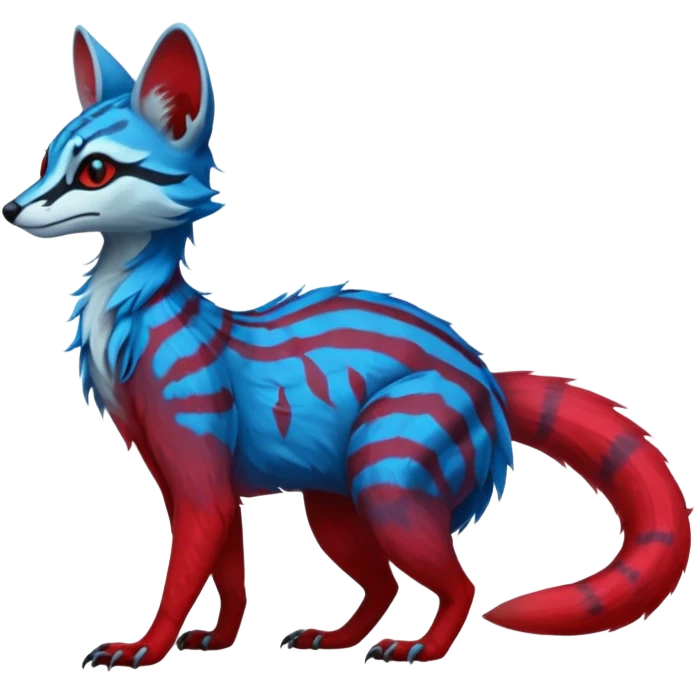 Feral Rare Fantasy vibrant dark shady shaded detailed cyan-cobalt-blue-crimson-red-gradients-colored colorful Vernid-Sergal-Genet-Trico-species by LiLaiRa, random markings, tufted tail, tufted ears, full body emoji