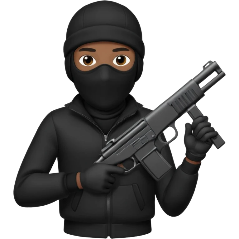 Black thug with a ski mask  and a gun dressed in black emoji