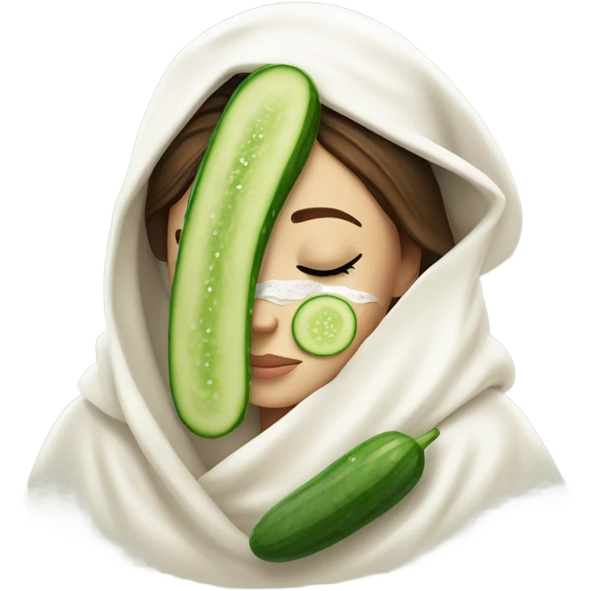Girl with freackles Brown hair white skin and blue eyes wears Green colored texture skin care mask all over her face while She relaxes she puts on two mini round piece of cucumber on her closed eyes In a white Robe emoji