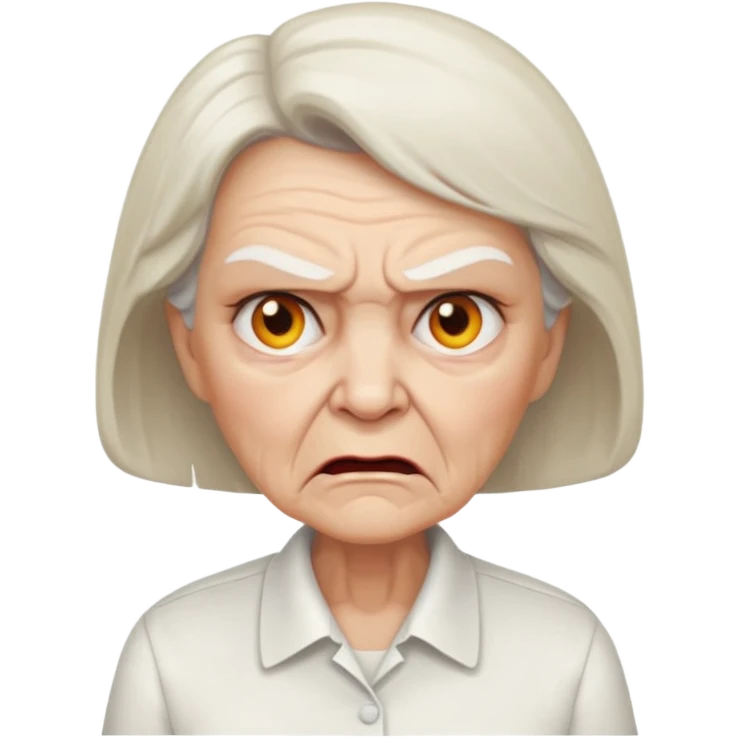 a portrait of angry elderly woman, wearing shirt emoji