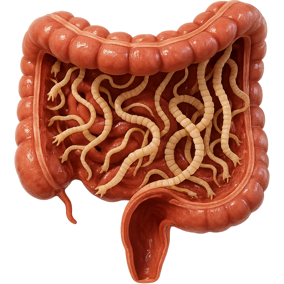 3D cross-section of human intestine with numerous tapeworm parasites attached to the wall, hyperrealistic details, glossy texture, 4K, isolated on white background emoji