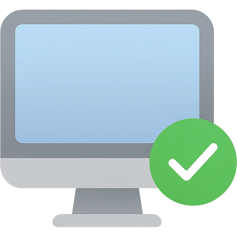 flat color icon of a computer with a green check mark at the bottom right emoji