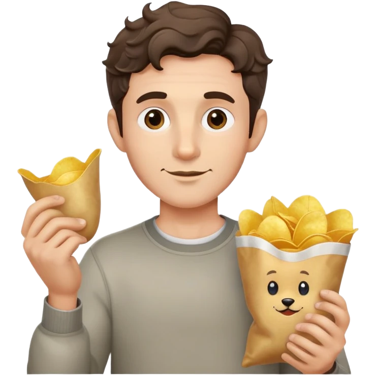 Man with short wavy hair, large ears, holding potato chips emoji