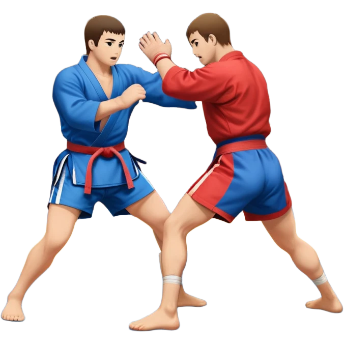 An icon symbolizing Sambo, featuring two fighters in blue and red kimonos with shorts. One executes a powerful throw, while the other attempts a defensive grab. The fighters are engaged in a grapple, using joint locks and sweeps. The background features a wrestling mat/ emoji