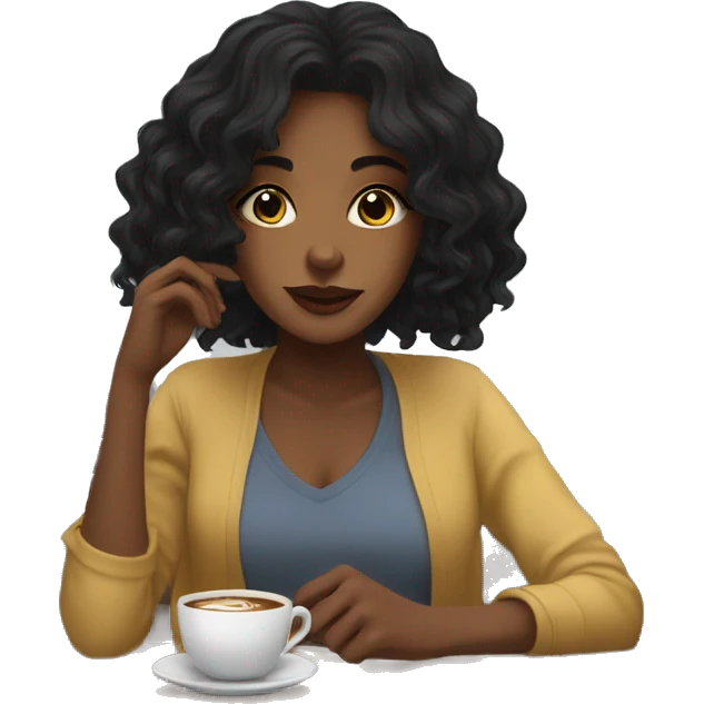 aesthetic girl with black wavy hair sipping coffee in a cute coffee shop  emoji