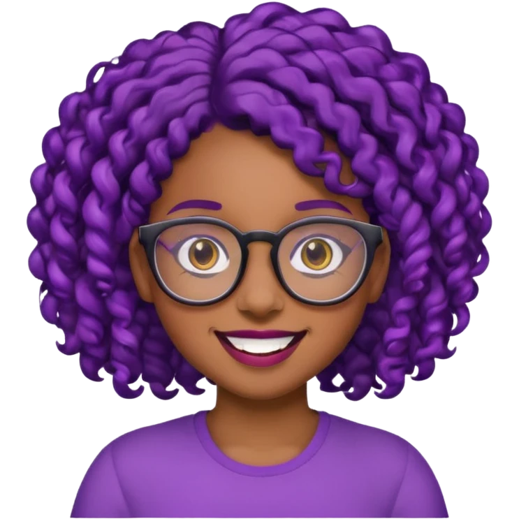 nerd emoji like with glasses showing only her 2 buck teeth but it’s a black girl with purple black curly hair no shoulders emoji