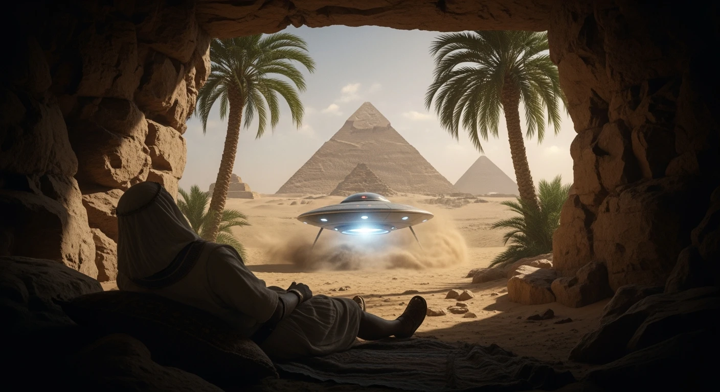 cinematic still, documentary photography, acient egypt, back shot of a man dress in ancient clothes in cave (frame in frame effect) on ground laying front of small ufo starship, sand flying around, palms, dynamic scane, leading lines, captured by arri alexa, depth layers, piramids in babckground emoji