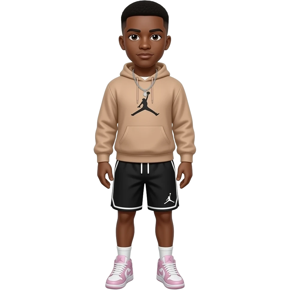 make a black 22 year old with a low taper fade in black jordan shorts with light pink jordan 4’s and a tan jordan saeatshirt with a thin diamond chain emoji