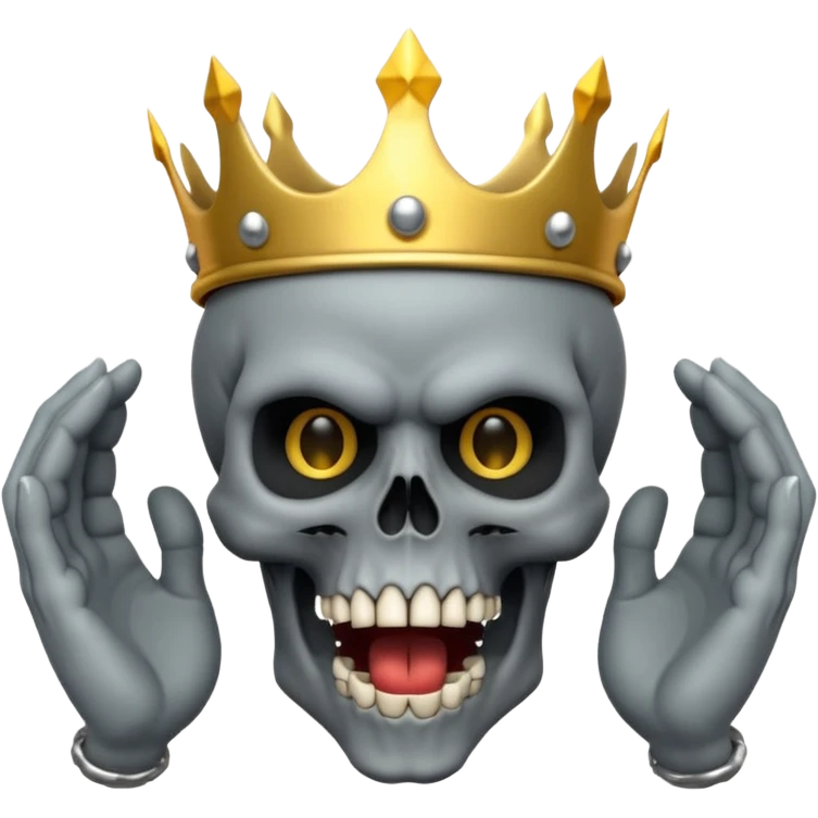 Demonic 3D skull holding its head by its two hand in shock, mouth open, wearing a golden crown, dark horror vibe emoji