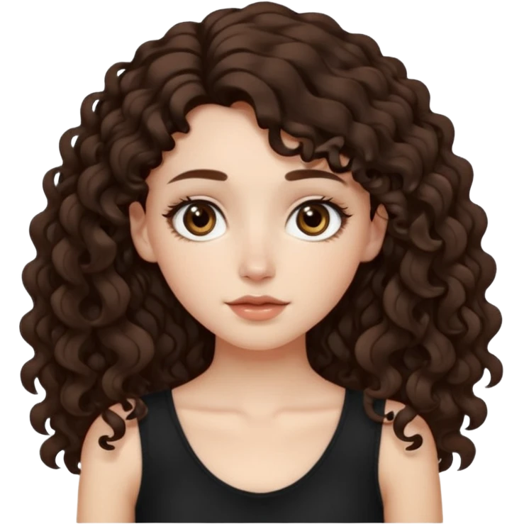 Aesthetic white girl with long curly hair color dark brown, hair most be in front of the shoulders (hair in front of the shoulders, less voluminous). Big almond shape eyes color brown, small wide nose, natural lips, sweet expression. Dressed with a cute tight top color black.  emoji