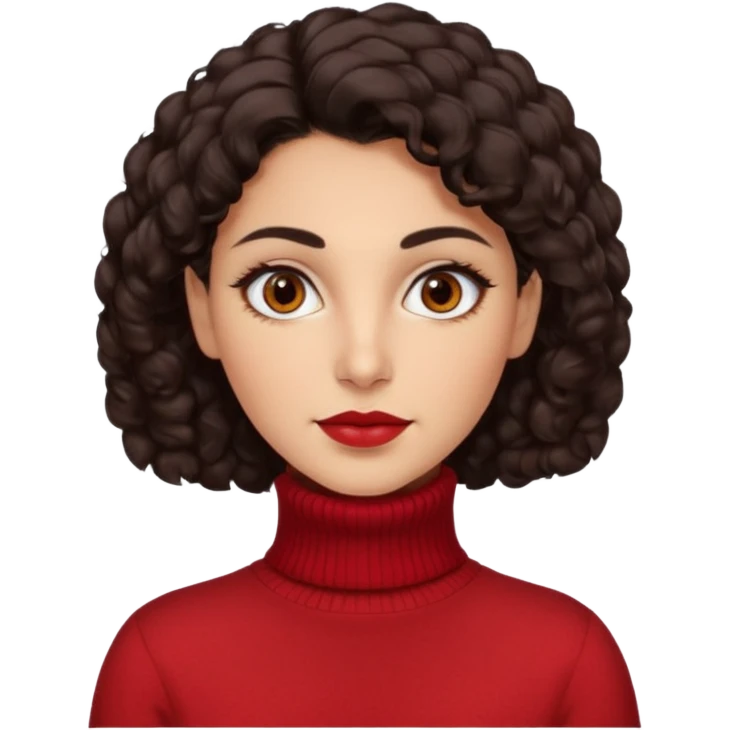 30 yr iranian woman dark brown hair curly wavy short hair, red turtle neck sweater, very thick eyebrows, light skin, dark brown eyes emoji