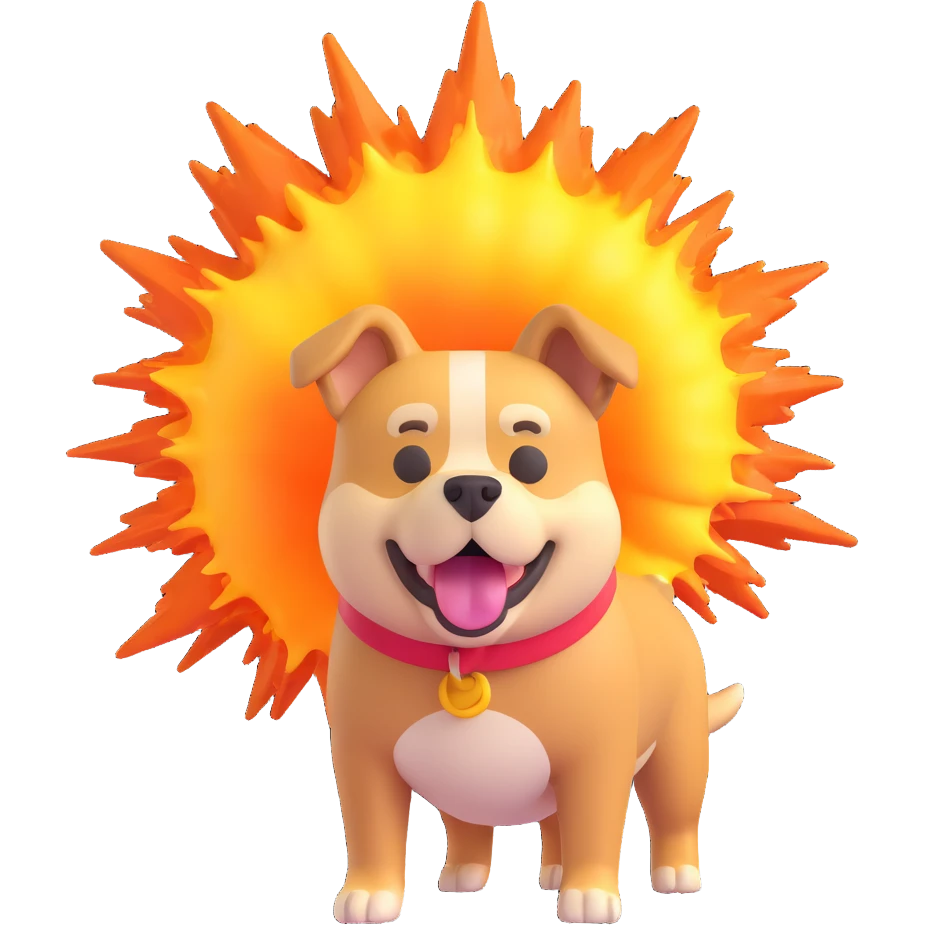 3D emoji-style dog with an exaggerated explosion effect, playful and not violent emoji