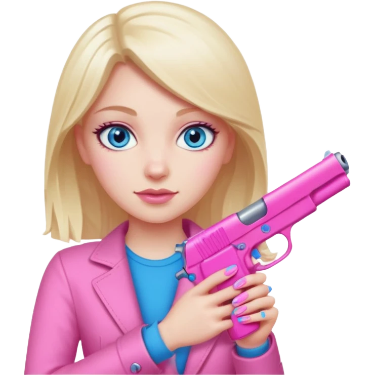 white girl with blue eyes, hand with pink nails holding a pink gun emoji