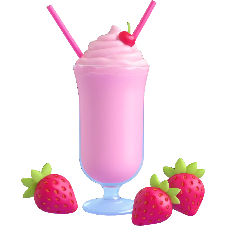 3D style strawberry milkshake with pink hue and cherry on top, glass with straw, simple background emoji