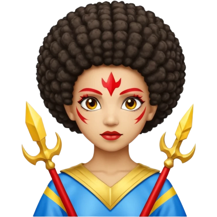 Emoji metisse femboy mais plus masculin avec drapeau ukrainien arriere plan, un afro, sourcils rouge, fourche trident, et eclairs et sur fond bleu clair irrisé. Peau lightskin, yeux marron et cheveux marron bouclés mais en mode afro pixi cut emoji