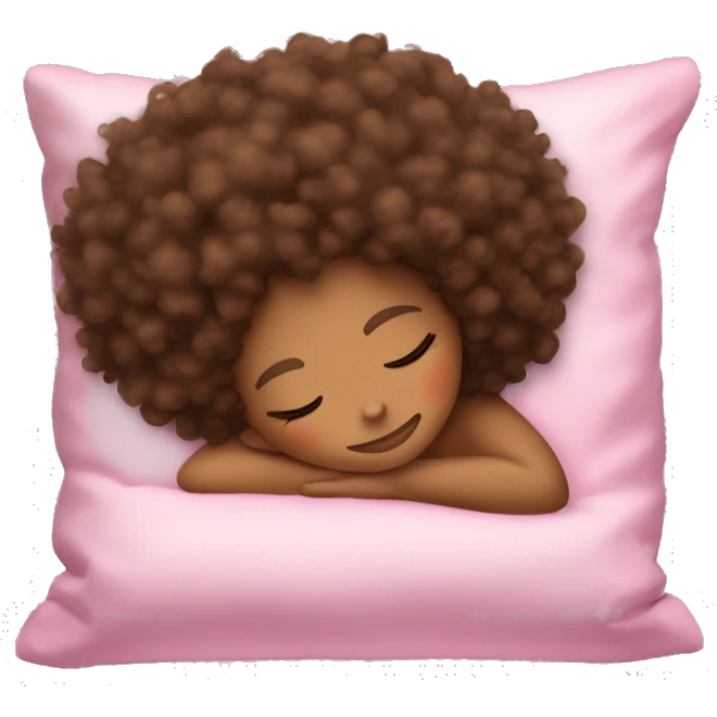 Light Brown skinned pretty girl with shoulder-length curly coily messy afro sleeping on a pink pillow emoji