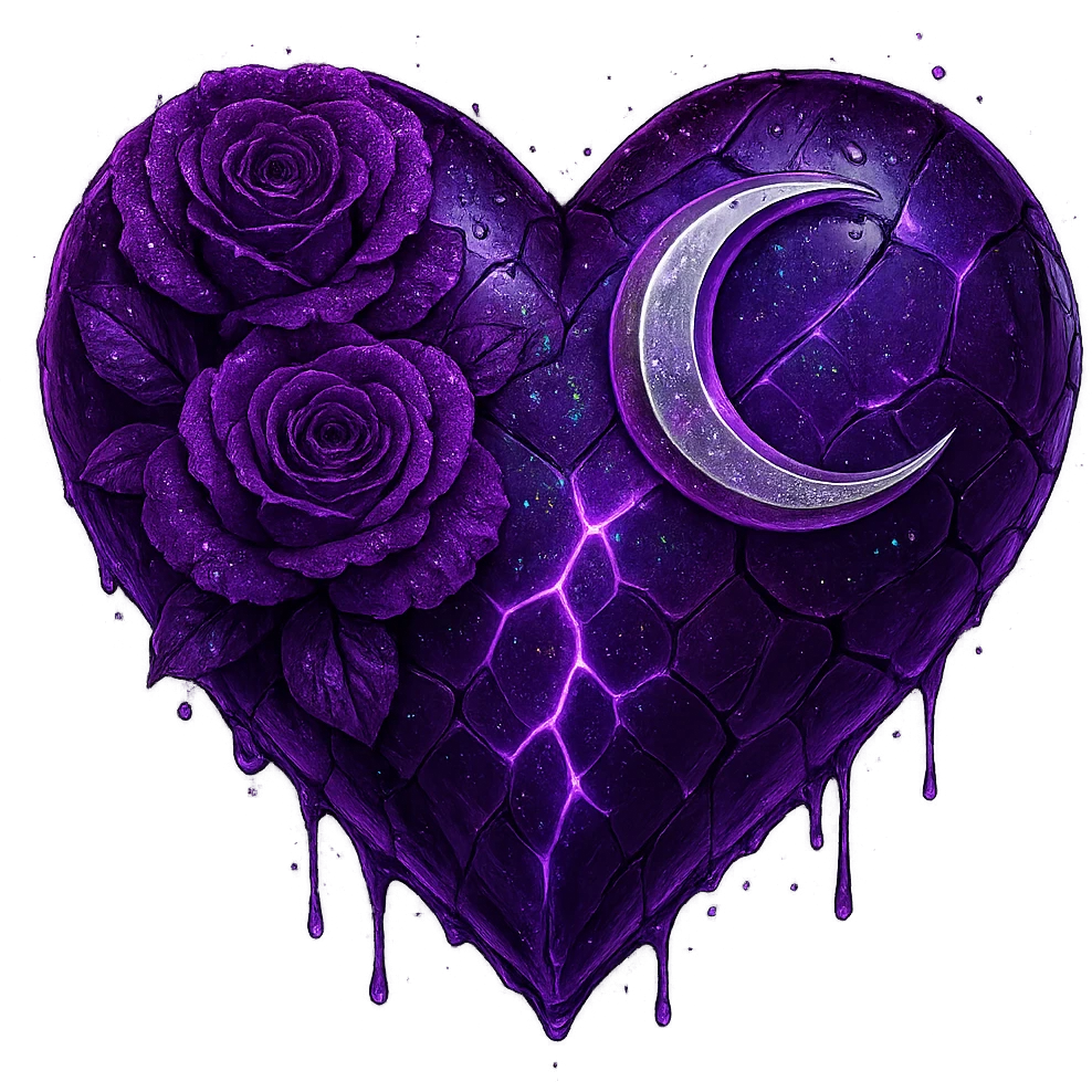 Edit the gothic heart to feature splintered deep purple glass, a silver crescent moon, purple roses, holographic stardust, neon lightning, and a wet look. Keep the background transparent. The style should reflect a detailed and vibrant gothic aesthetic with emphasis on the glass texture and reflective wet surface. emoji