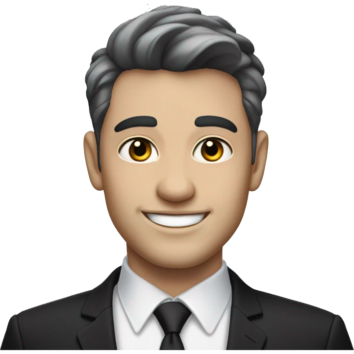 Portrait of an adult smiling man, pale light skin, short bold black-gray ombre hair, black eyes, wearing a black office suit and a white collared shirt underneath. emoji