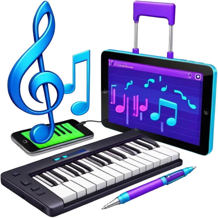 Create a creative and inspiring emoji that represents writing music tracks. The design should feature musical notes, a pen or pencil, and a digital audio workstation (DAW) interface or a computer screen with a visible waveform, symbolizing the process of composing and arranging a track. Add elements like a metronome or a pair of headphones to reflect the recording and editing aspects. Use vibrant colors like electric blue, purple, or neon green to represent creativity and innovation in music production. The background should be transparent. emoji