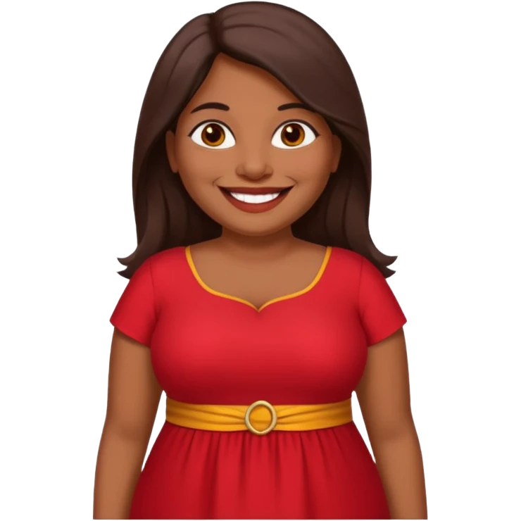 50 yr old chubby Sri Lankan woman, dark skin, straight brown hair, big smile, white teeth, red dress clothes, longer hair emoji