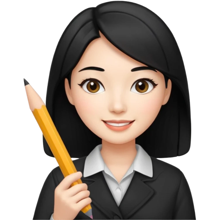 a korean cosmetics marketing expert women with black hair, holding pencil and phone emoji