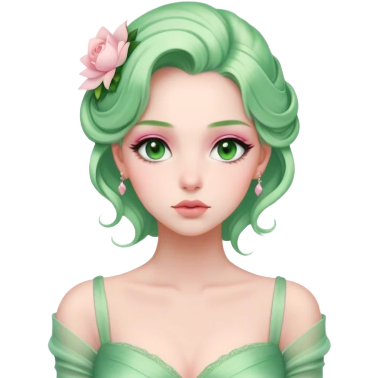 Cinematic Elegant Mulan Portrait Emoji, Dressed in her delicate green matchmaker gown, soft pink makeup, hair pinned perfectly, looking wistful yet radiant, eyes reflecting the depth of her spirit, capturing both her beauty and inner strength! emoji