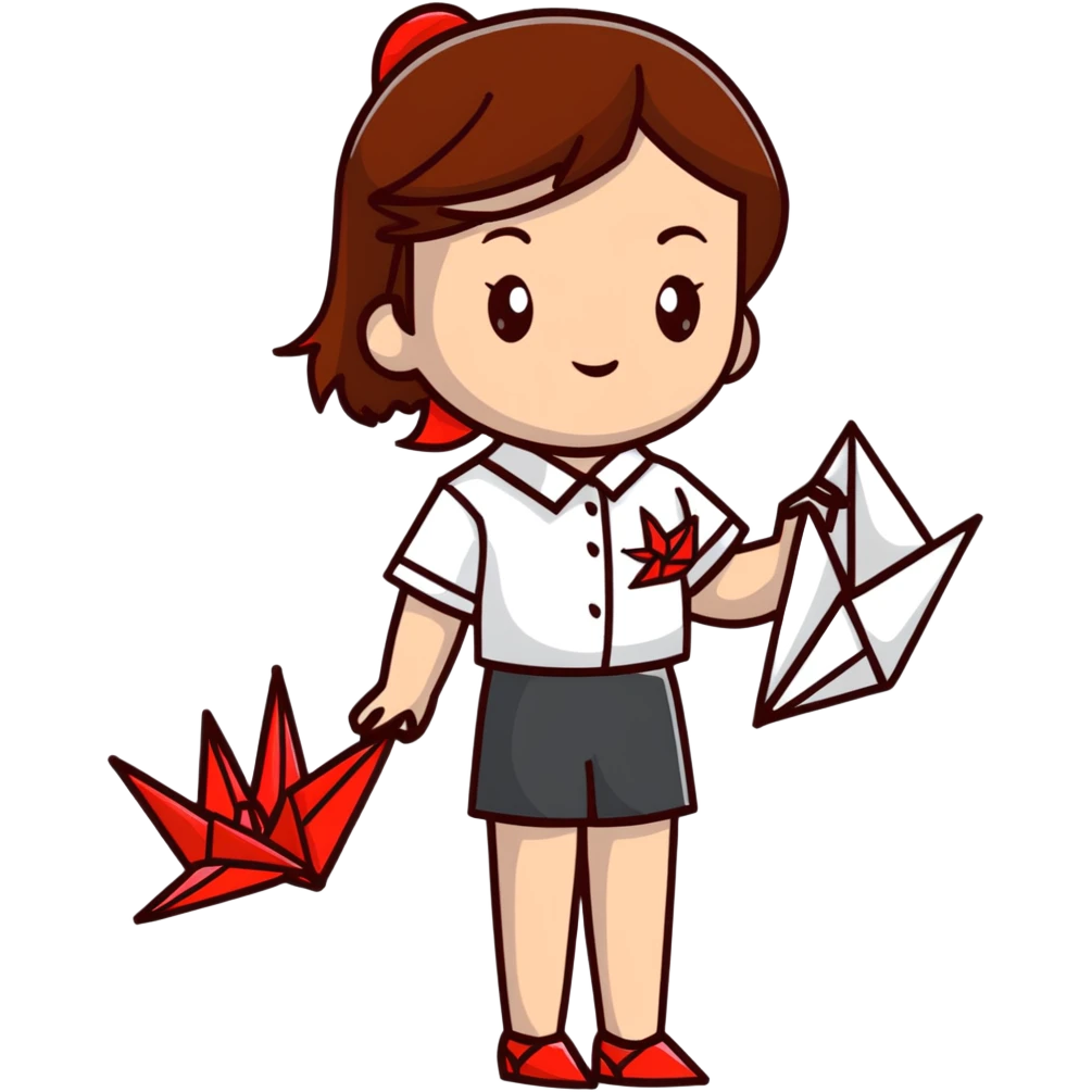 A happy Ukrainian young girl with brown hair in a white embroidered shirt makes an origami red crane craft emoji