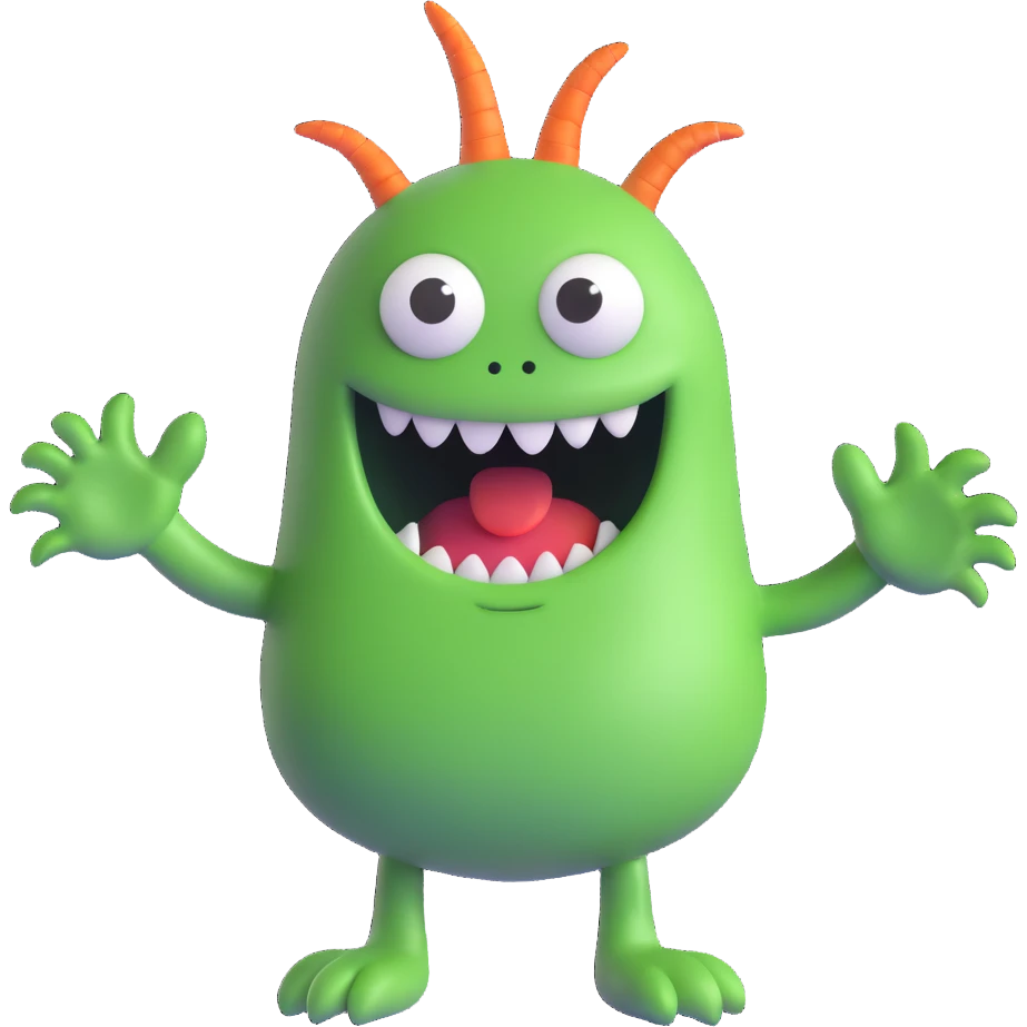 3D silly green monster, no teeth, wavy arms, friendly look emoji