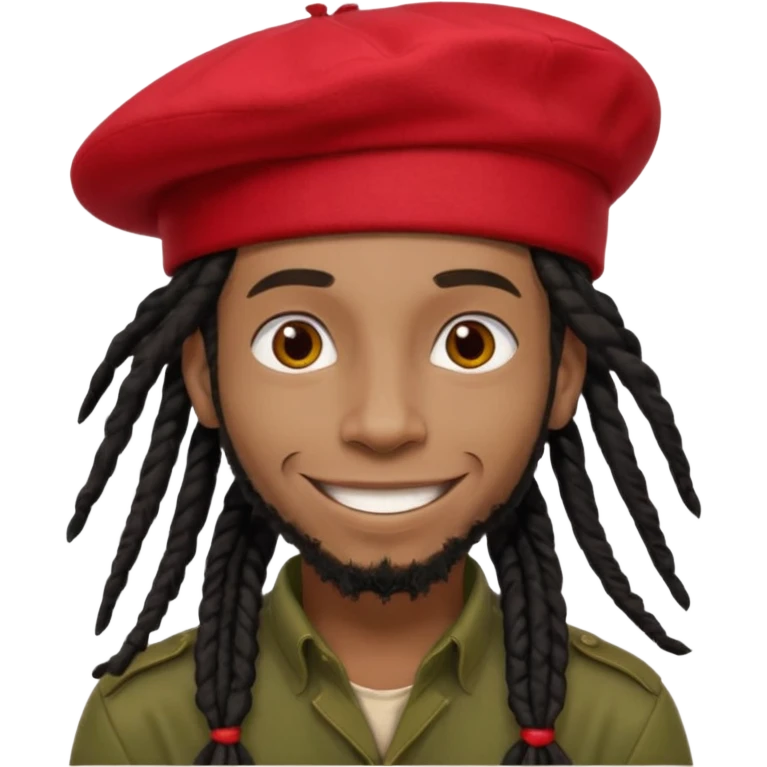 young Black man with long black dreadlocks tied back, red beret, reggae style, big smile emoji