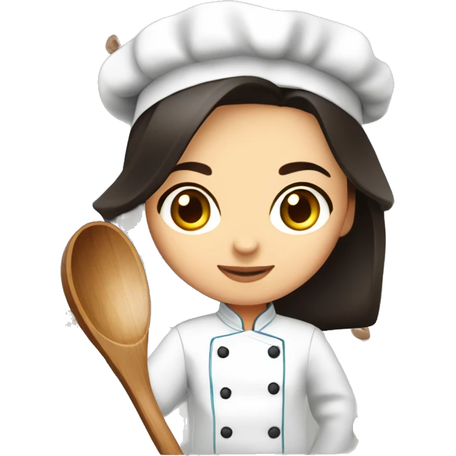 Uzbek cute female chef with dark shoulder length hair, dark brown eyes and a cooking wooden spoon in her hand and some basil in the other  emoji