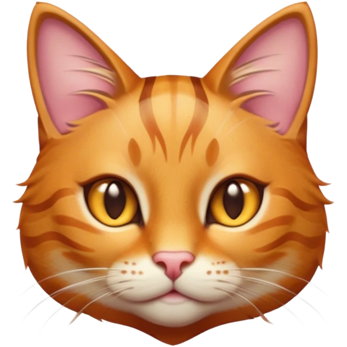 Cinematic Cute Ginger Tabby Cat Portrait Emoji, Head tilted playfully and inquisitively, sleek orange-brown fur with bold tabby stripes and a distinctive M-shaped marking on the forehead, sparkling amber eyes, Simplified yet irresistibly adorable features, highly detailed, glowing with a warm, friendly glow, high shine, affectionate and curious, stylized with a touch of whimsy, bright and endearing, soft glowing outline, capturing the essence of a mischievous yet loving kitten, so playful it feels like it could pounce out of the screen and into your arms! emoji