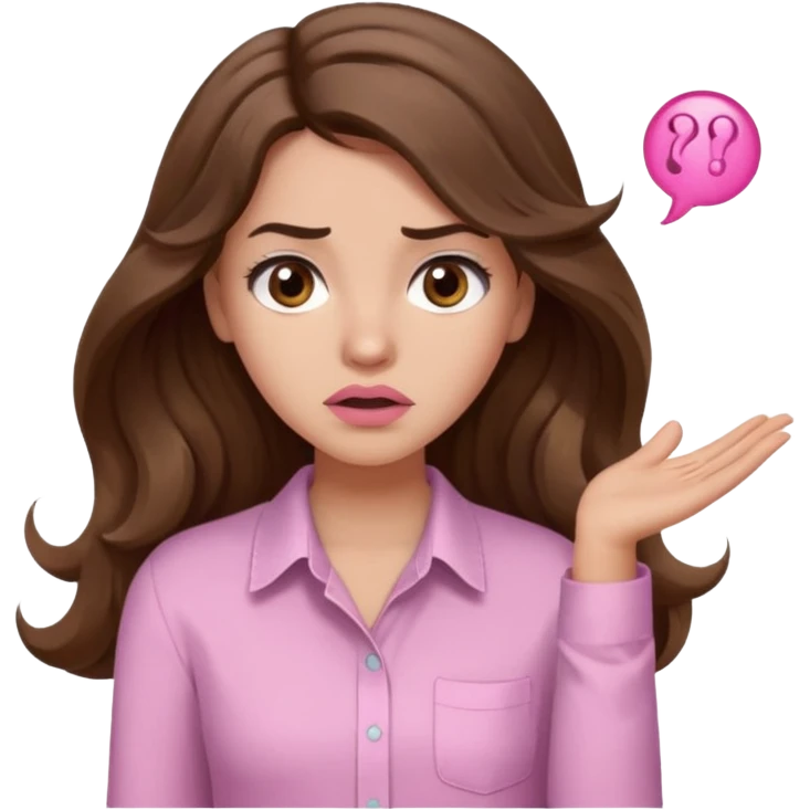 girl with wavy long brown hair, brown eyes, light to medium complexion, long lashes, light pink lipstick, wearing light pink shirt, shrugging, confused emoji