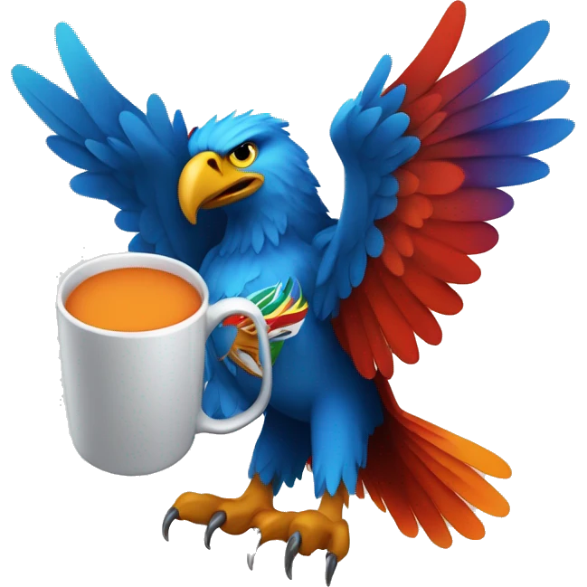 create a blue, blue eagle with colorful wings in the colors: orange, red and green holding a mug. emoji