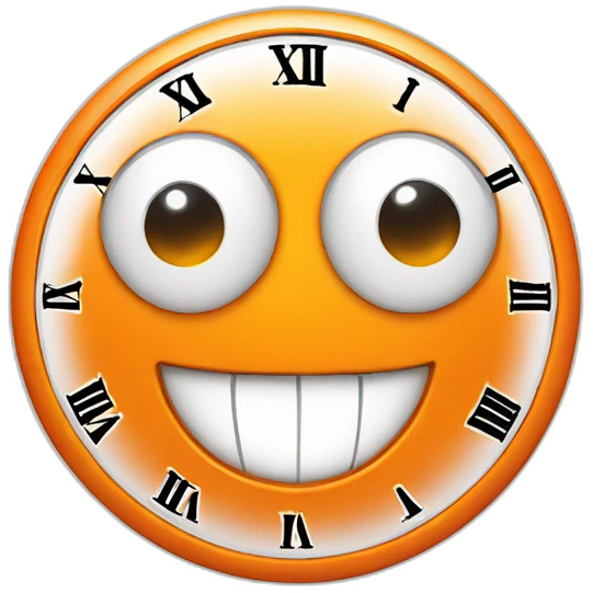 orange clock with eyes and mouth smiling emoji