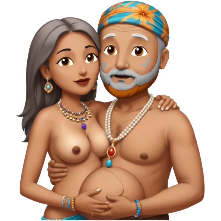 A man in his 69s balding with a grey beard passionate ly kissing the belly botton of an Indian woman in her 40s wearing a beads chain with here cleavage visible and embracing the man emoji