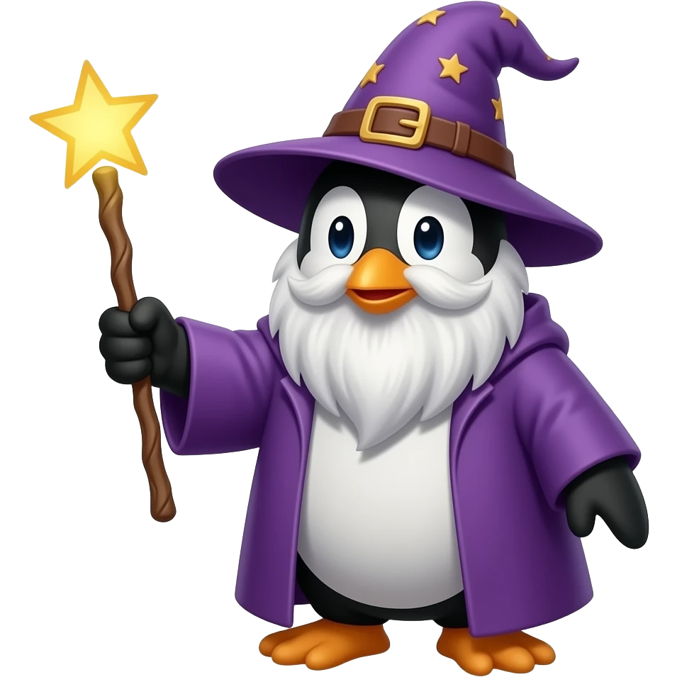hazme un pingui mago con una barrita y una Barba hehacfo un hechizo emoji