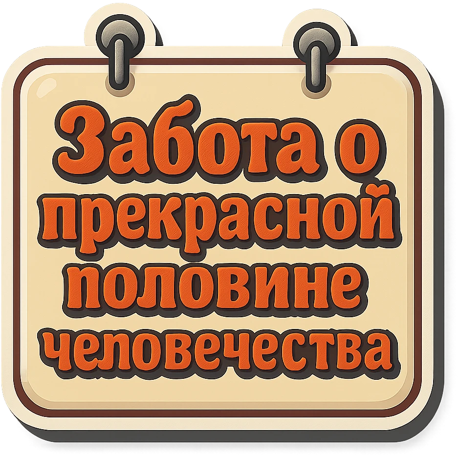 flat rectangular beige sign with light shadow, two nails at the top, retro sticker style, text 'Забота о прекрасной половине человечества' neatly and compactly placed inside the shape, transparent background emoji