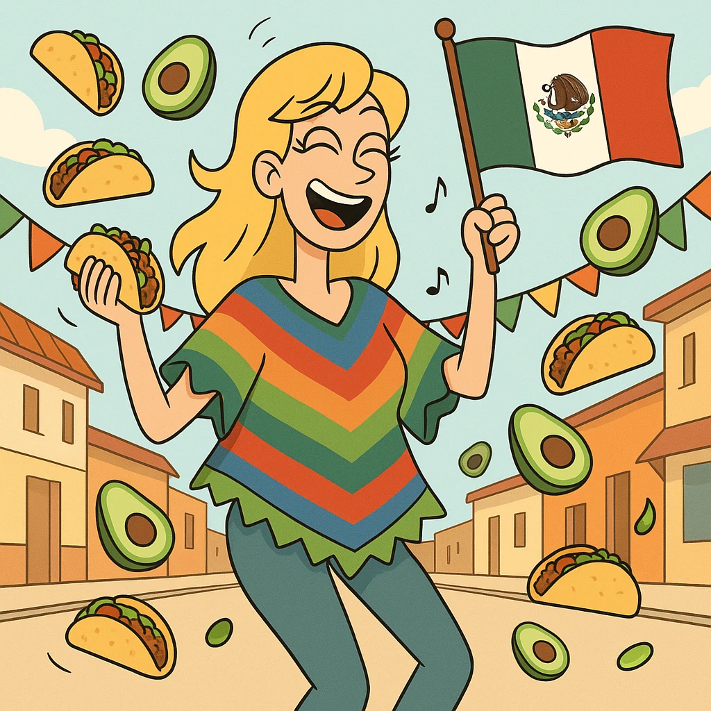 playful cartoon of a tall blonde woman, colorful poncho, smiling, holding taco and avocado, waving Mexico flag, dancing in the street, surrounded by tacos and avocados, street party scene emoji
