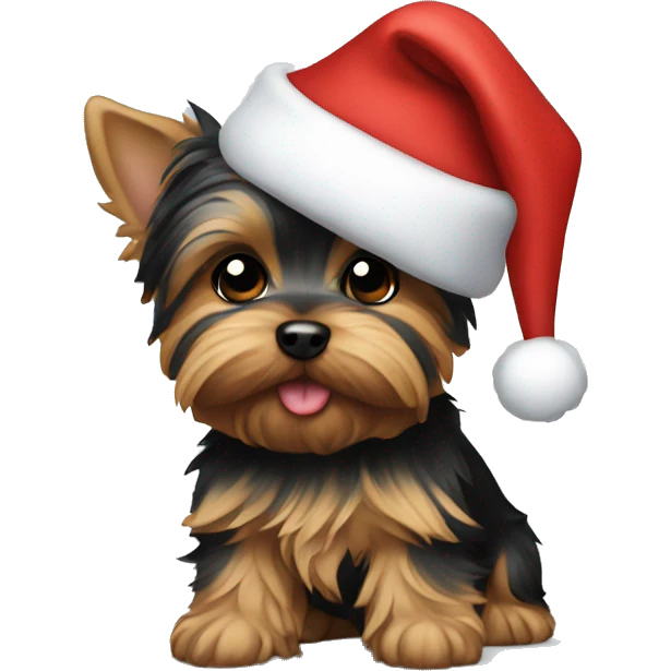 Yorkie puppy wearing a Santa hat emoji