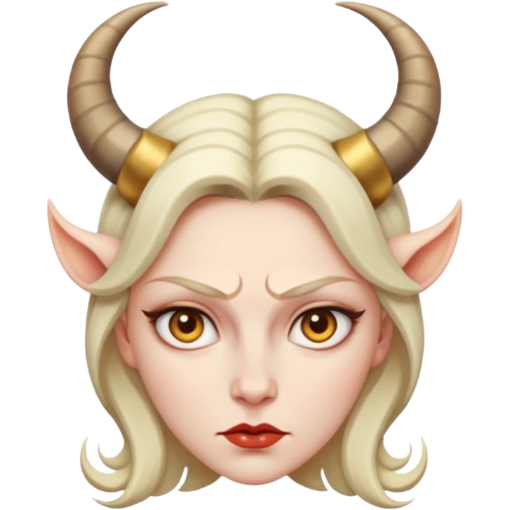 Woman with subtle horns, smooth skin and sharp gaze, divine corruption emoji