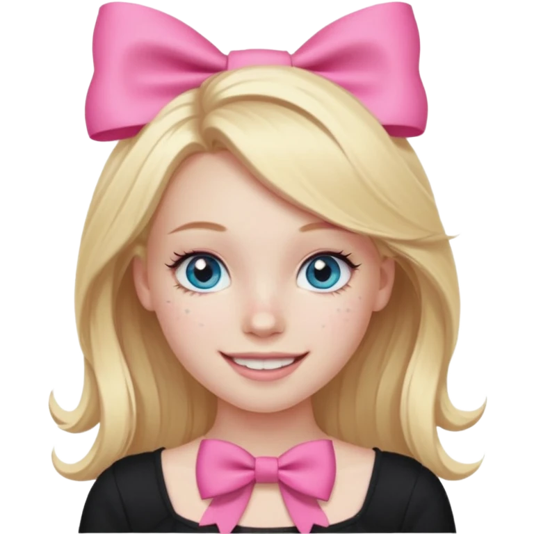 A blonde girl, teen, pale skin, freckles, light blu eyes, lashes, smiling, black top, pink coqquete bow in hair emoji