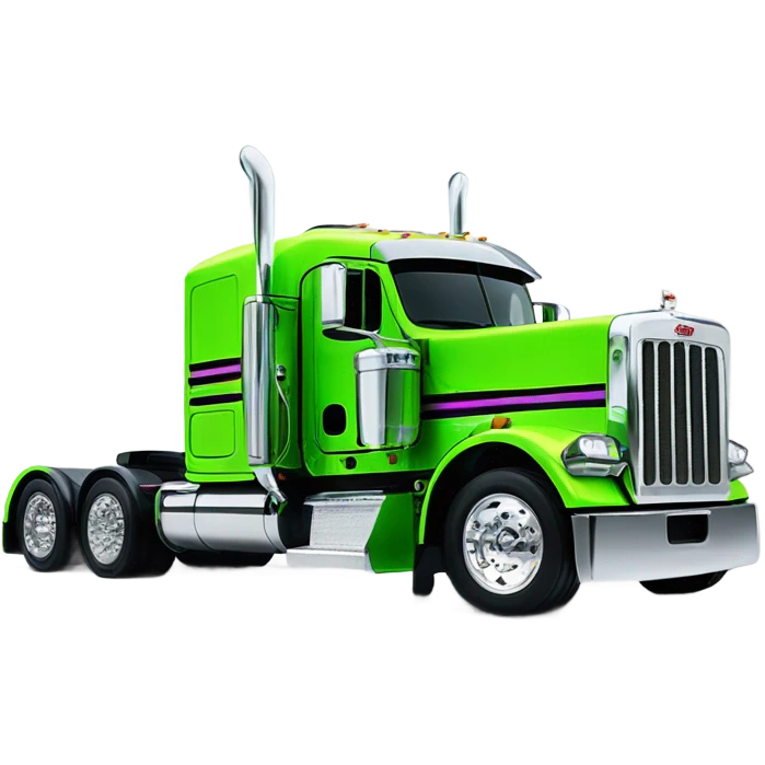 neon green peterbilt semi truck lowered on the ground with large chrome wheels and chrome smoke stacks profile view emoji