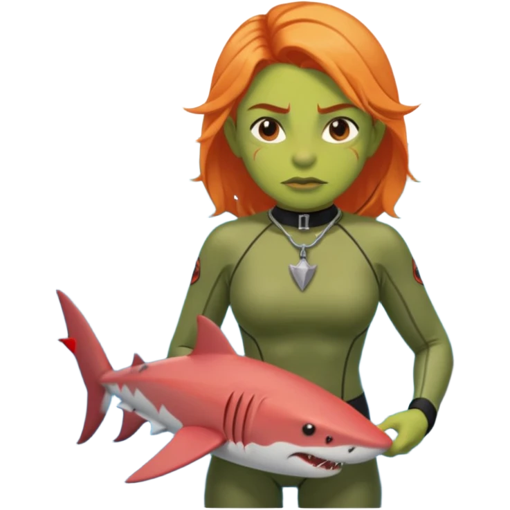 orc female in rescue tube, scanning horizon. Rash guard, shark tooth necklace emoji