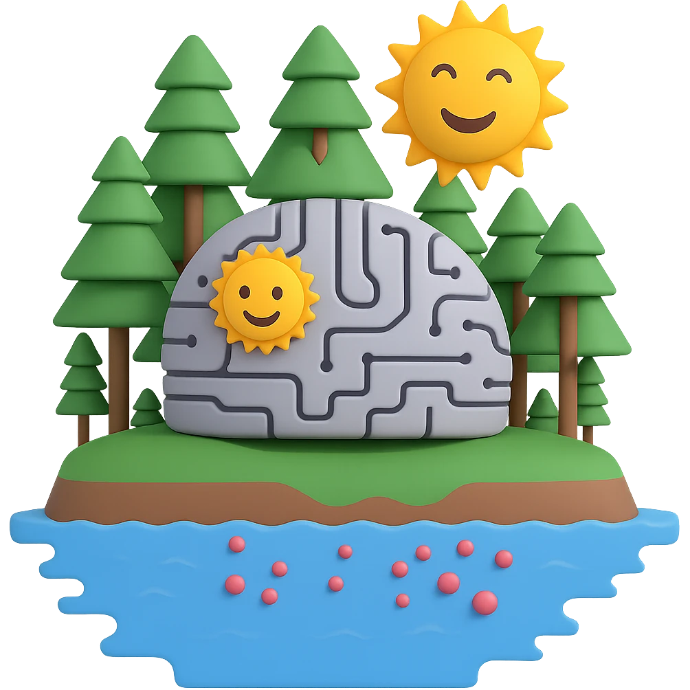 Add more machine learning elements such as neural network patterns, data flow, and algorithmic motifs, while maintaining the blend of natural resources and artificial intelligence. Remove the background to isolate the subject. emoji