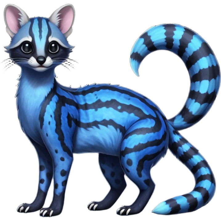 Feral Rare Fantasy iridescent scaly evil spooky vibrant dark shady shaded detailed deep-dark-cobalt-blue-gradients-colored colorful Genet-Trico-Civet-Cacomistle-Margay-species by LiLaiRa, with dark-blackish points, white belly, random markings, tufted tail, tufted ears, full body emoji