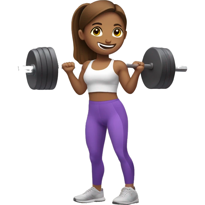 Girl lifting weight in the gym, blur eyes and brown hair, wearing purple leggings  emoji