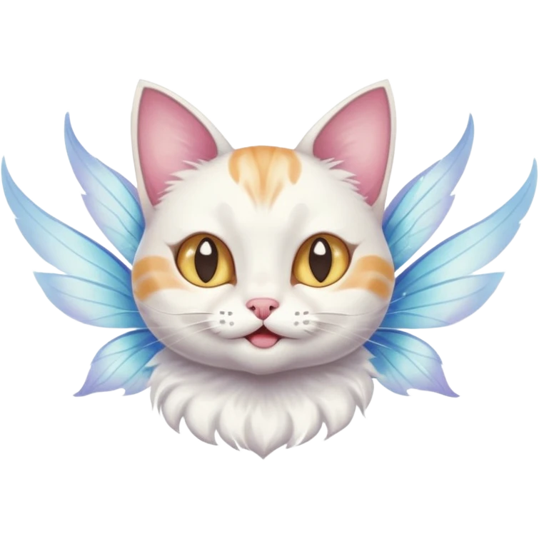 A cat with fairy wings, floating mid-air with a mischievous smirk, portrait, bust up emoji